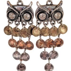Owl Dangle Earrings Silver Tone w/ Mixed Metal Fringe Pierced Crystal Eyes NWT